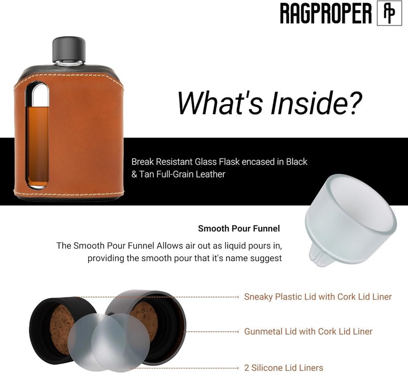 Ragproper Modern Glass Hip Flask - Durable Leather Covered Flask for Whiskey, Spirits, & Other Liquor - Ideal Glass Flask for Men & Women (Double Shot 240ml, Leather, Black & Tan) - Image 4